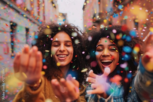 Cheerful multi-ethnic female teenage best friends partying by throwing confetti in city streets 