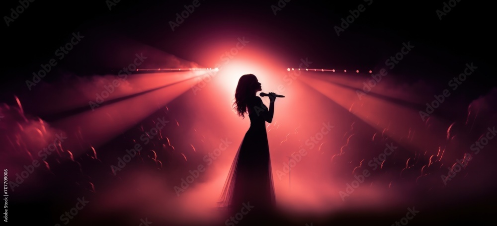 Female singer performing on stage with dramatic lighting. Entertainment and performance.
