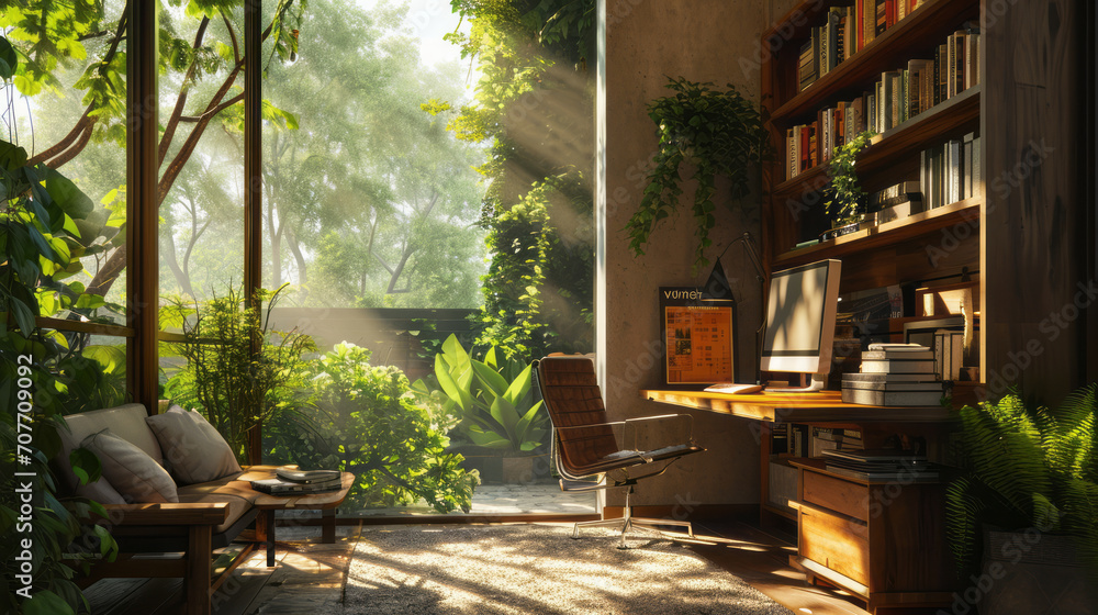 contemporary study room interior design concept design scheme with green and natural material design cosy loose furniture with window bright garden view contemporary study room interior design concept design scheme with green and natural material design cosy loose furniture with window bright garden view