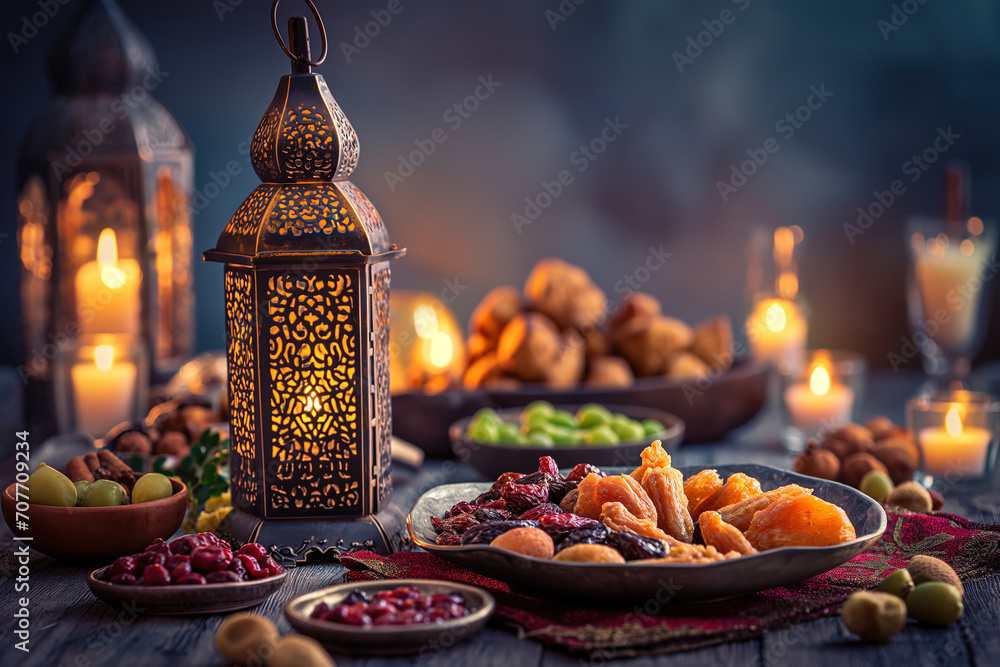 Muslim Ramadan Mubarak iftar table shows Ramadan foods and lantern light with holy month eid Mubarak concept background.