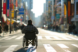 Young handicapped man in wheelchair. The consequences of military conflicts in the world. A man in a wheelchair on the street looking for work