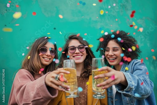 Cheerful woman with confetti enjoying in front of green wallMale and female friends toasting drinks during social gathering 