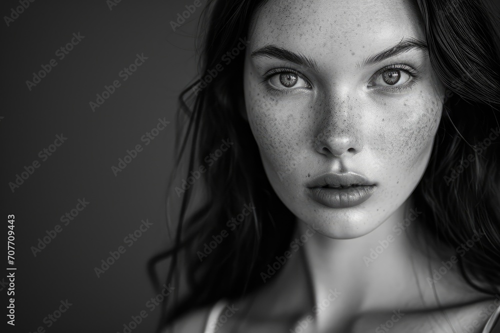 Artistic black and white studio portrait of a young American female model with a captivating expression Artistic black and white studio portrait of a young American female model with a captivating expression