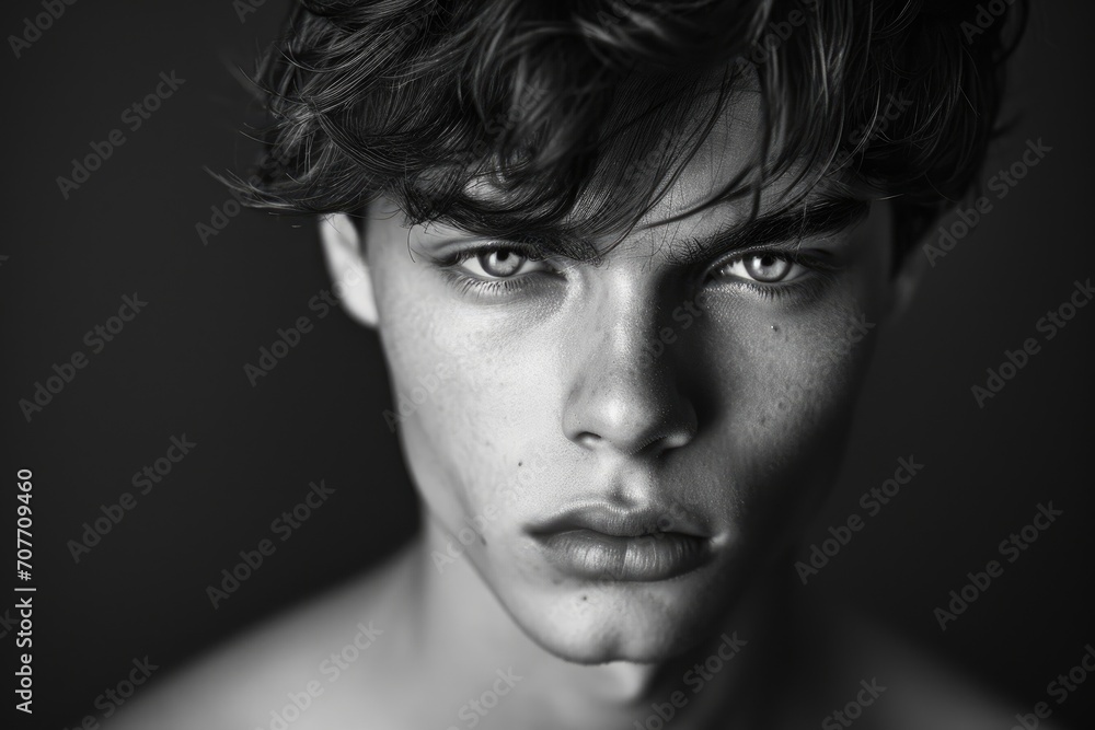 Artistic black and white studio portrait of a young American male model with an intense gaze.