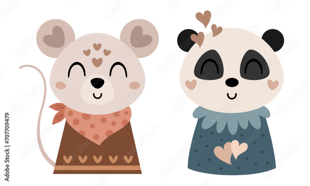 Valentines day clipart. Cute Valentines mouse and panda in cartoon flat style. Vector illustration. Valentines day clipart. Cute Valentines mouse and panda in cartoon flat style. Vector illustration.