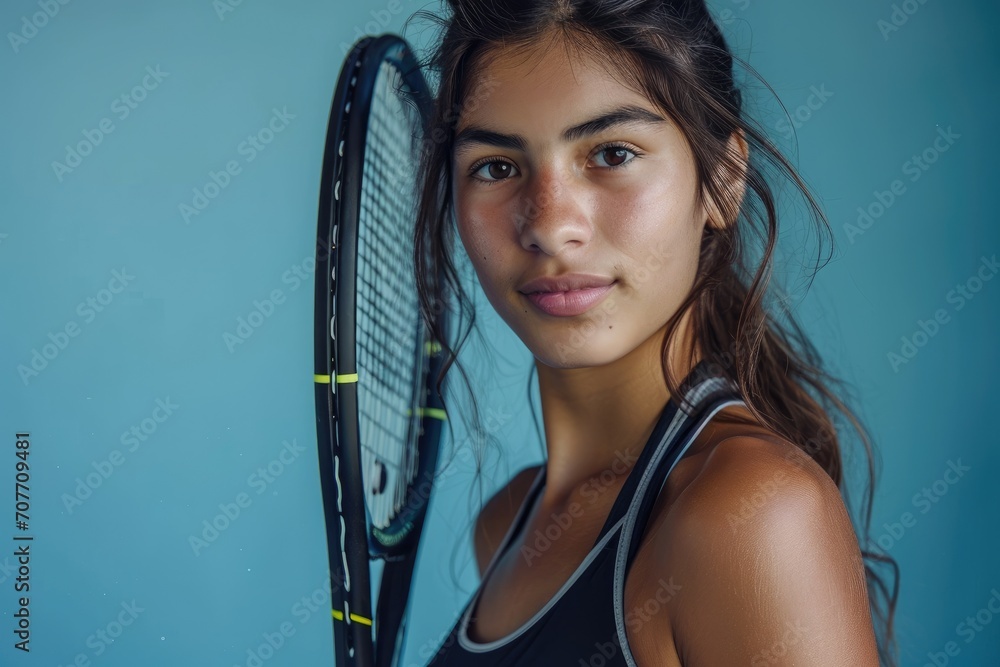 Athletic studio portrait of a young Latina woman in tennis attire, with a racket, isolated on a tennis court background