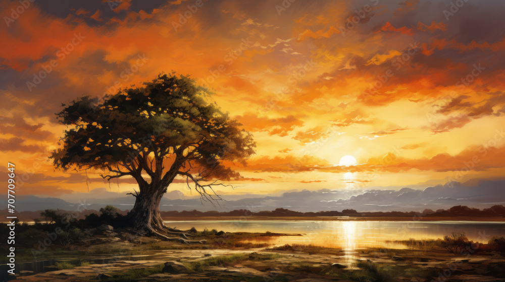 Alone tree on meadow at sunset with sun and mist - panorama Alone tree on meadow at sunset with sun and mist - panorama