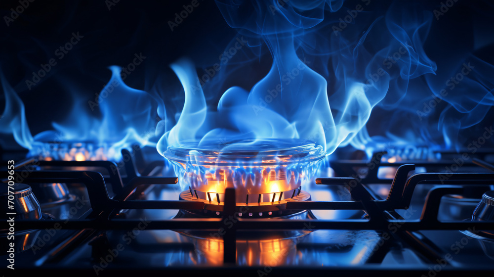 Kitchen gas stove burner with blue flame transparency - obrazy, fototapety, plakaty 