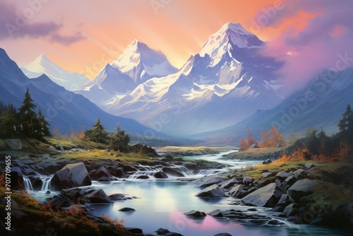 Oil painting of a mountain landscape with sunrise colors and shadows