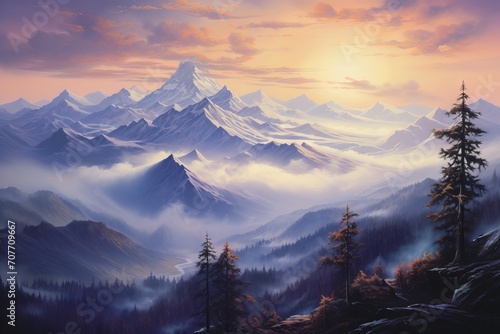 Oil painting of a mountain landscape with sunrise colors and shadows #707709667