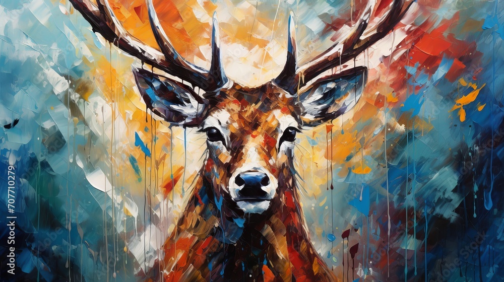 Multicolored oil painting of a deer's face with abstract shapes and textures - obrazy, fototapety, plakaty 