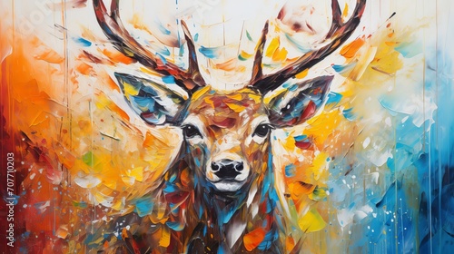 Multicolored oil painting of a deer's face with abstract shapes and textures