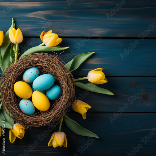 easter eggs in a basket with flowers,blue,yellow