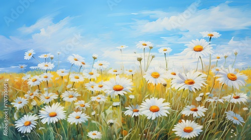 Oil painting of a field of daisies in vibrant colors, artistic impression of nature and spring