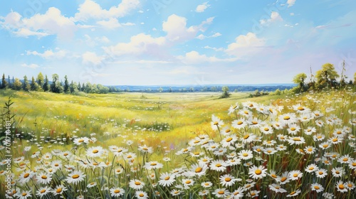 Oil painting of a field of daisies in vibrant colors  artistic impression of nature and spring
