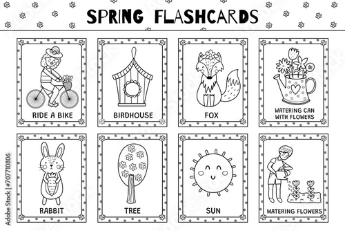 Spring black and white flashcards collection for kids. Flash cards set with cute characters for coloring in outline. Learning to read activity for children. Vector illustration