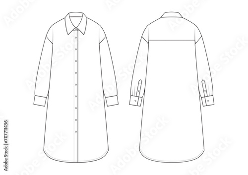 Vector fashion technical drawing of a button-down shirt dress with front and back view. Long sleeved. Loose fit. Woven fabric.