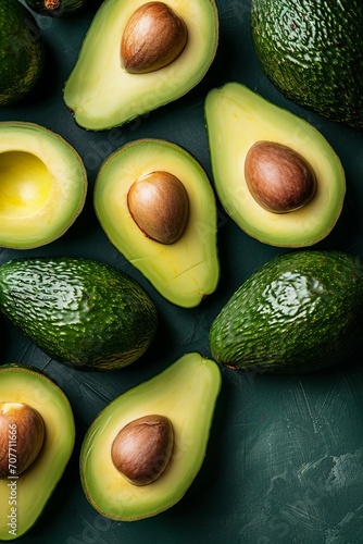 variety of sliced and whole green avocados arranged on a dark green surface.