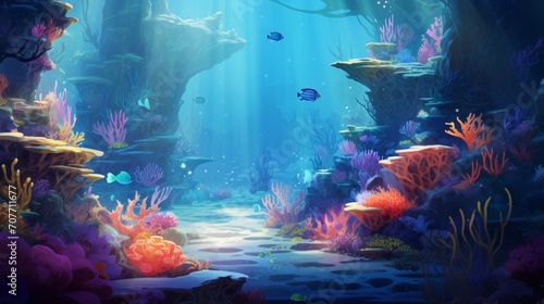 An enchanting underwater background with colorful coral reefs and fish