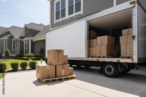 Large white moving truck unloading boxes during a move. Concept of object transportation service photo