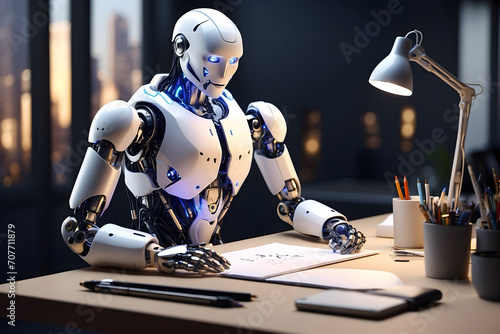 A modern futuristic robot writing on a paper