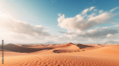 An expansive desert backdrop with sand dunes and a vast horizon