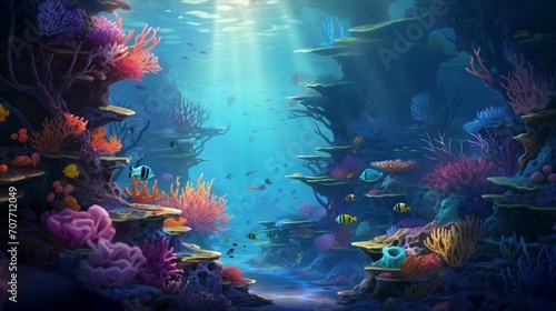 An enchanting underwater background with colorful coral reefs and fish