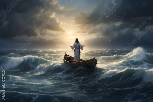 Jesus walks on water and calms the stormy sea as in bible