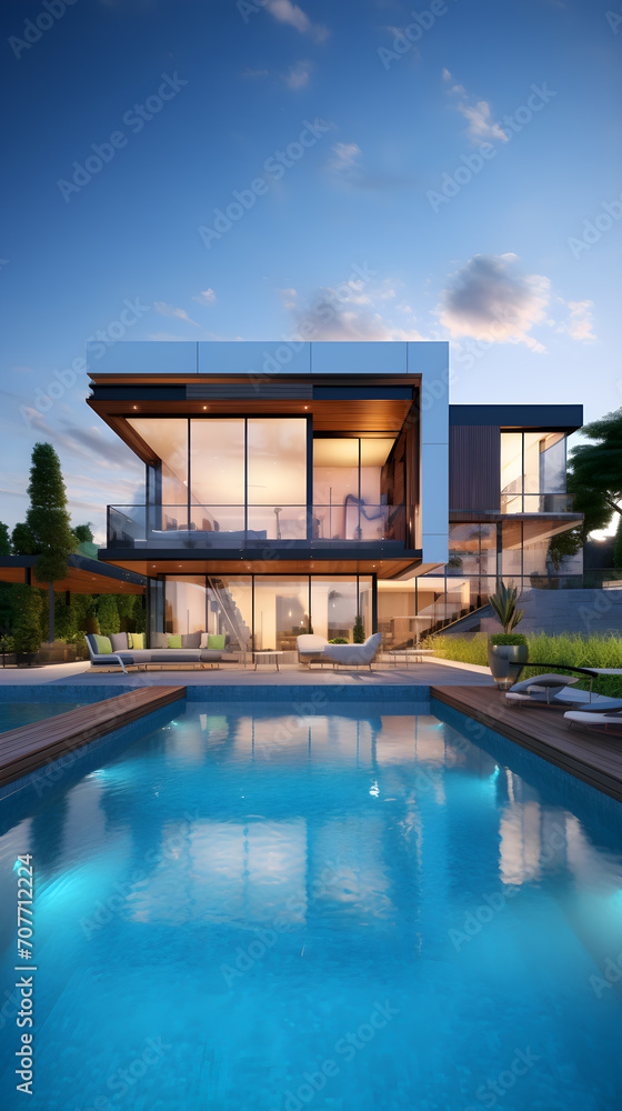 Luxury modern home with backyard swimming pool