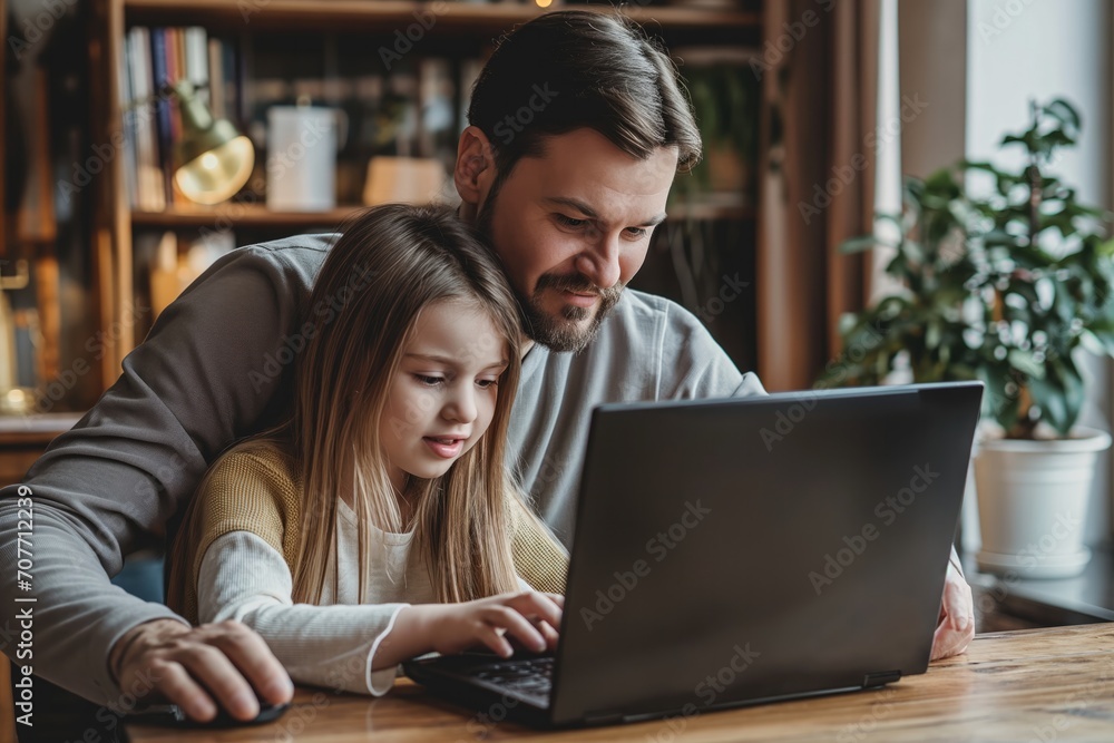Father with daughter using laptop computer on wooden table at home. Father with daughter using laptop computer on wooden table at home.