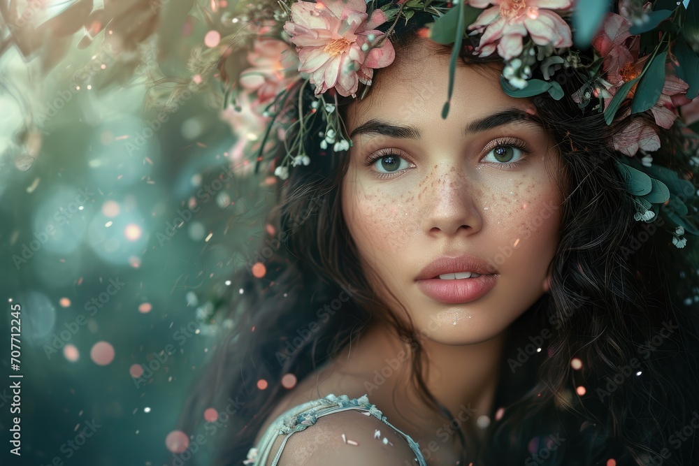 Ethereal studio portrait of a young Latina woman as a forest nymph, with floral adornments, isolated on an enchanted forest background Ethereal studio portrait of a young Latina woman as a forest nymph, with floral adornments, isolated on an enchanted forest background