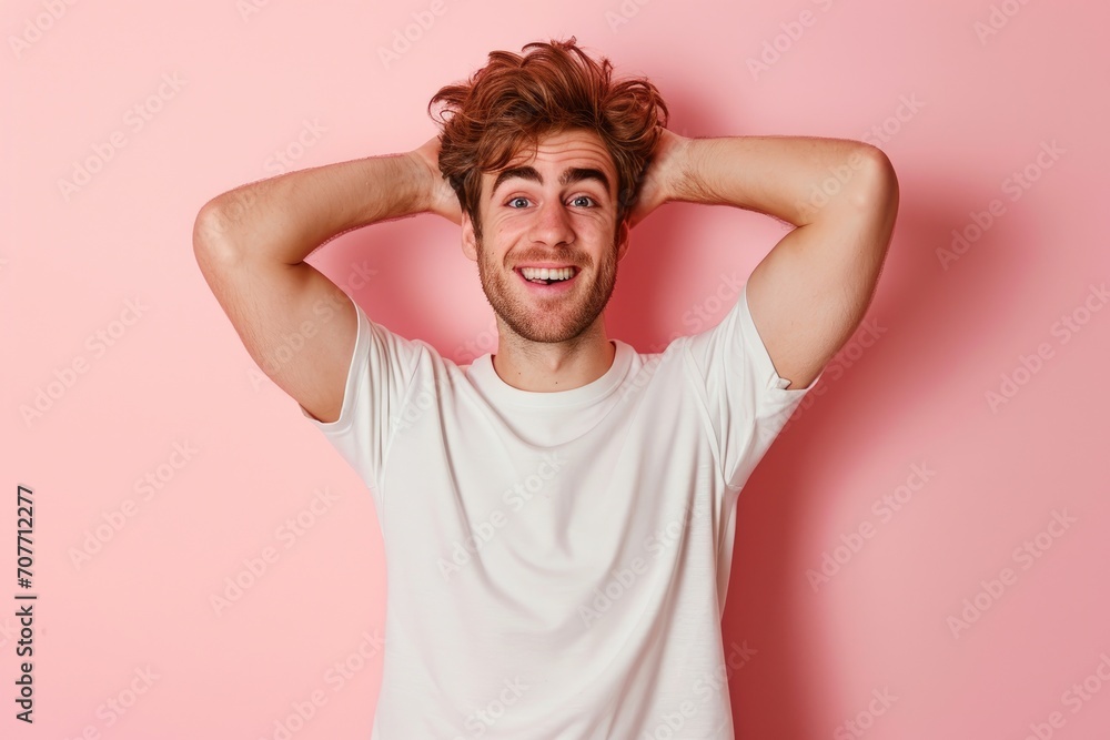 Fit male model with a playful expression, standing against a soft pink background. Fit male model with a playful expression, standing against a soft pink background.