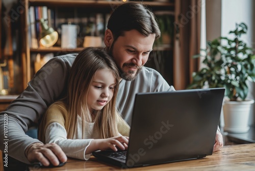 Father with daughter using laptop computer on wooden table at home.