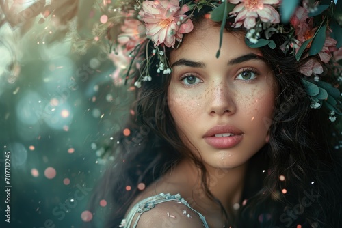 Ethereal studio portrait of a young Latina woman as a forest nymph, with floral adornments, isolated on an enchanted forest background