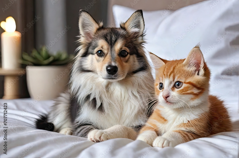 Friendship of a dog and cat. In the bedroom on the bed looking at the camera