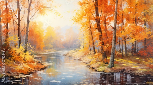 Oil painting landscape of a serene autumn forest near the river with orange leaves and reflections © Ameer