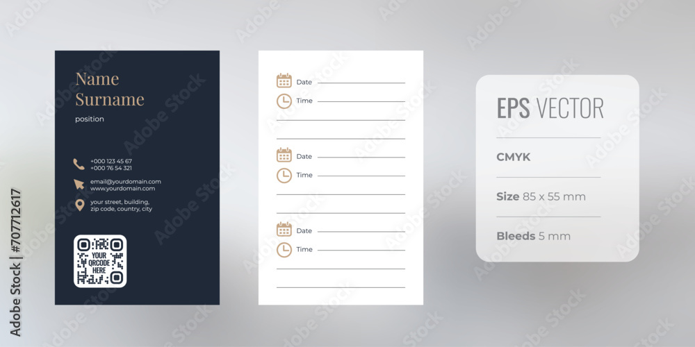Vertical premium business card template, brown and dark blue colors, 2 sides, schedule with date and time icons