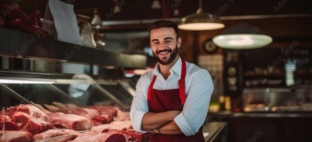 Professional butcher man smiling in front of meat display at shop. Small business owner.