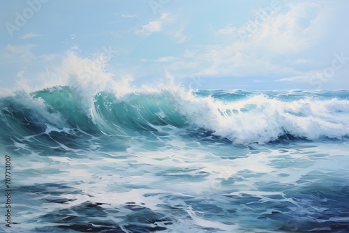 Oil painting of the sea on canvas with blue and green hues. Artistic impression of ocean waves and sky