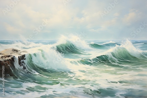 Oil painting of the sea on canvas with blue and green hues. Artistic impression of ocean waves and sky