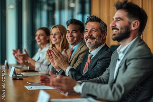 Group of business people applauding a presentation. They are sitting at a table 