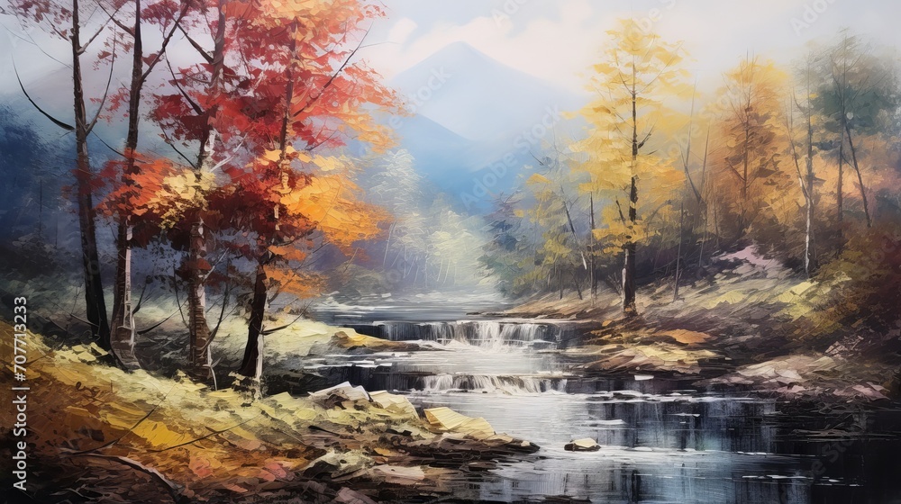 Autumnal Scenery of a Forest by the Riverbank in an Oil Painting with Warm Colors and Brushstrokes