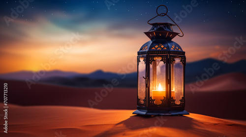 Lantern in the desert at night. Ramadan Kareem background