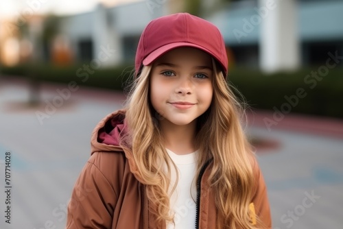 Outdoor portrait of a beautiful young girl wearing a cap and jacket