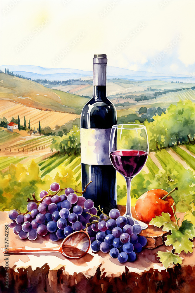 Wine Country Bliss: Aquarelle Painting of Grapes, Wine Bottle, and Glass in Vineyard