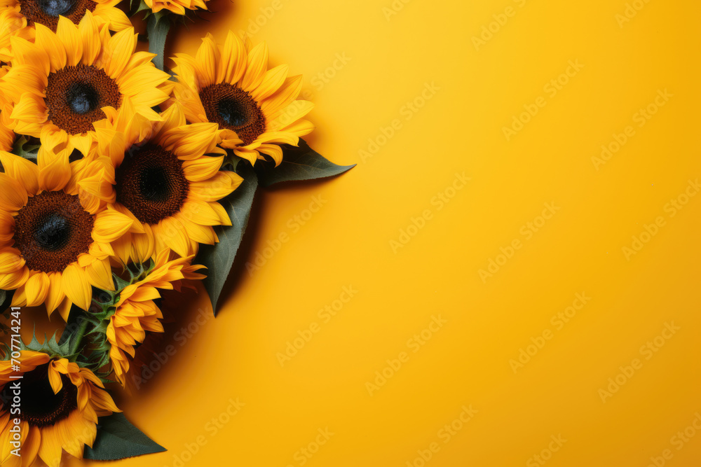 Sunflowers on a yellow background. Flat lay, top view. Copy space for text Sunflowers on a yellow background. Flat lay, top view. Copy space for text
