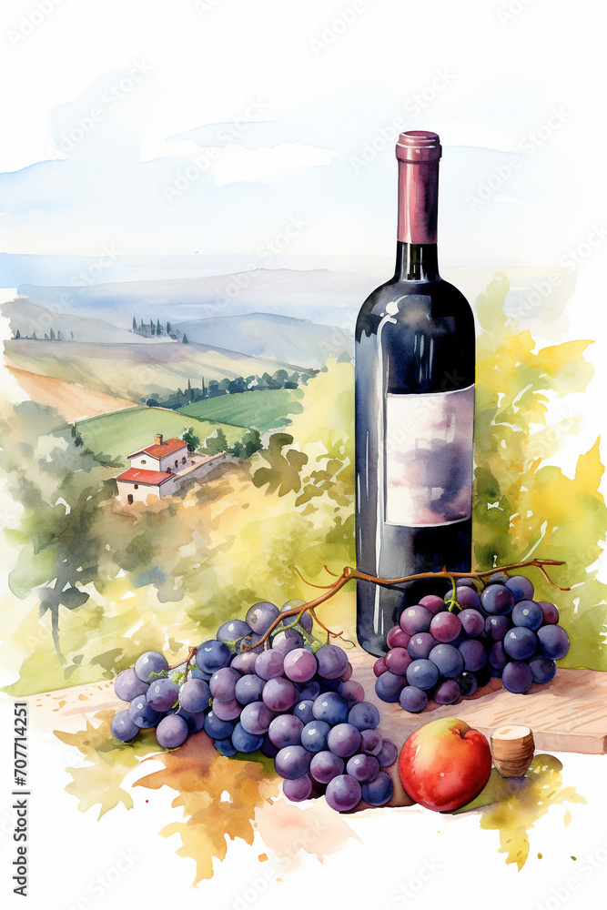 Wine Country Bliss: Aquarelle Painting of Grapes, Wine Bottle, and Glass in Vineyard