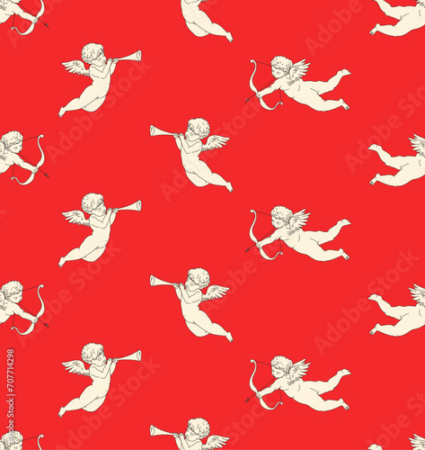 Cherub vector seamless pattern in vintage style. Valentine's Day Angel with wings, bow and arrows © kokoshka