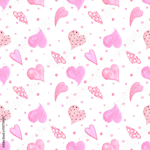 Hand drawn watercolor valentine seamless pattern with hearts isolated on white background. Can be used for textile, fabric, wrapping paper and other printed products.