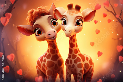 Cartoon loving giraffes in hearts, greeting card © Michael